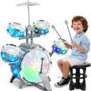 LeeQee Drum Set for Kids 3, Jazz Drumset for Toddler 3-5 Vibrant Aurora Light with 5 Pcs High Drums, Musical Instruments Toy for Age 5-7 Year Old Boys Girls