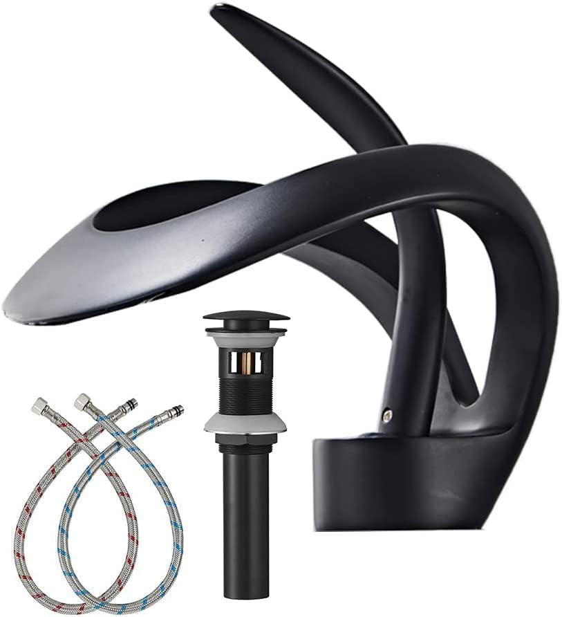 Black Bathroom Sink Faucet Waterfall Round Single Handle One Hole Vanity Pop up Drain with Overflow for Basin Sink