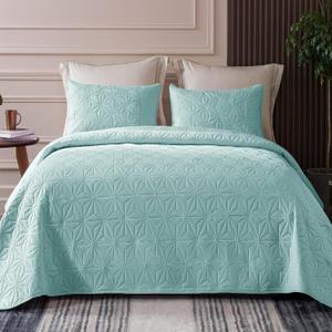 Whale Flotilla Queen Quilt Bedding Set, Soft Aqua Blue Bedspreads Quilts Queen Full Size for All Seasons, 3 Pieces Lightweight Geometric Star Pattern Coverlet
