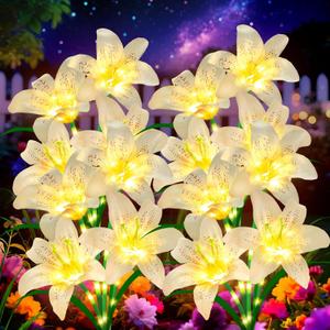 Solar Garden Lights 4 Pack 16 White Lily Flowers, Gifts for Mom Woman Birthday Outdoor Solar Flower Lights, Cemetery Flowers for Grave - Decorative Lilies for Yard, Patio, Pathway Decorations