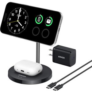 Anker MagSafe Compatible MagGo Charger Stand, iPhone 17 Wireless Charger, 2-in-1 Charging Station, Qi2 Certified 15W Fast Charging, for iPhone 17/16/15/14/13/12, AirPods Pro (40W Adapter Included) (Black)
