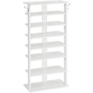 HOOBRO Vertical Shoe Rack, 8 Tier Wooden Shoe Storage Organizer with Hooks, Narrow Shoe Tower for 16 Pairs, Space Saving, for Entryway, Living Room, Bedroom, White WT750XJ01