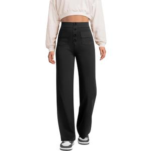 keriffe Women's Straight Leg Pants High Waisted Button Stretchy Business Work Dress Casual Trousers Multiple Pockets (Black)