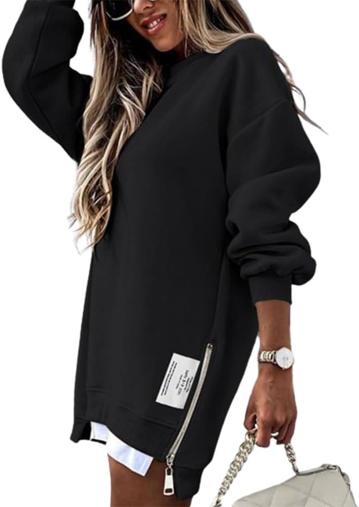 CHICME Womens Long Sleeve Zipper Slit Oversized Sweatshirt Casual Pullover Zipper Hoodies Fall Clothes (Black, M)