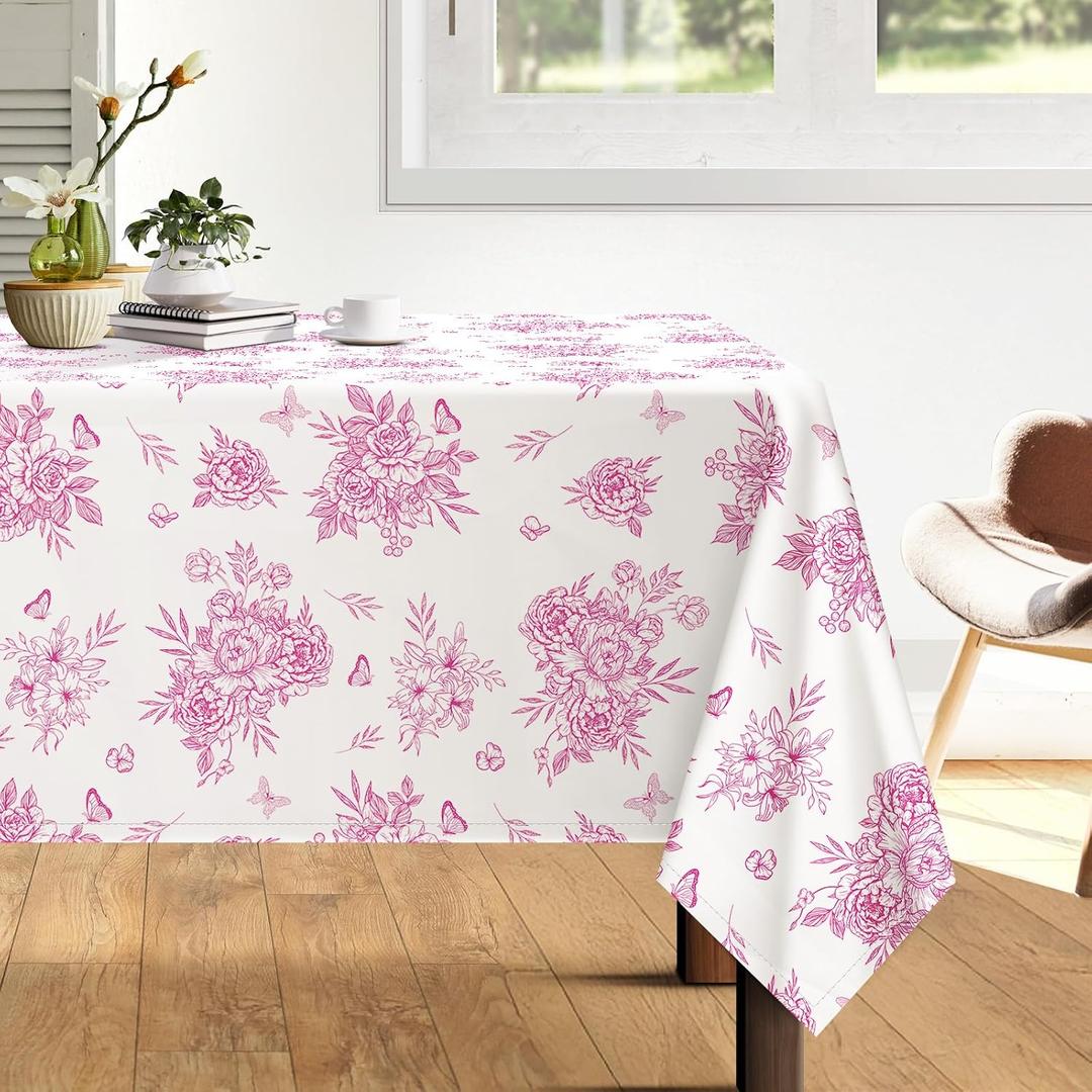 Arquiel Rustic Pink Floral Tablecloth Waterproof, Watercolor Flower Table Cloth Rectangle Stain Resistant, Washable Table Cover for Home Kitchen Dining Party Decoration (60×120 Inch)