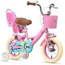 Glerc Maggie Girls Bike, 12 Inch Kids Bike for 2-4 Years Old Children, Princess Style Toddler Bike with Doll-Seat & Basket & Training Wheels, Pink
