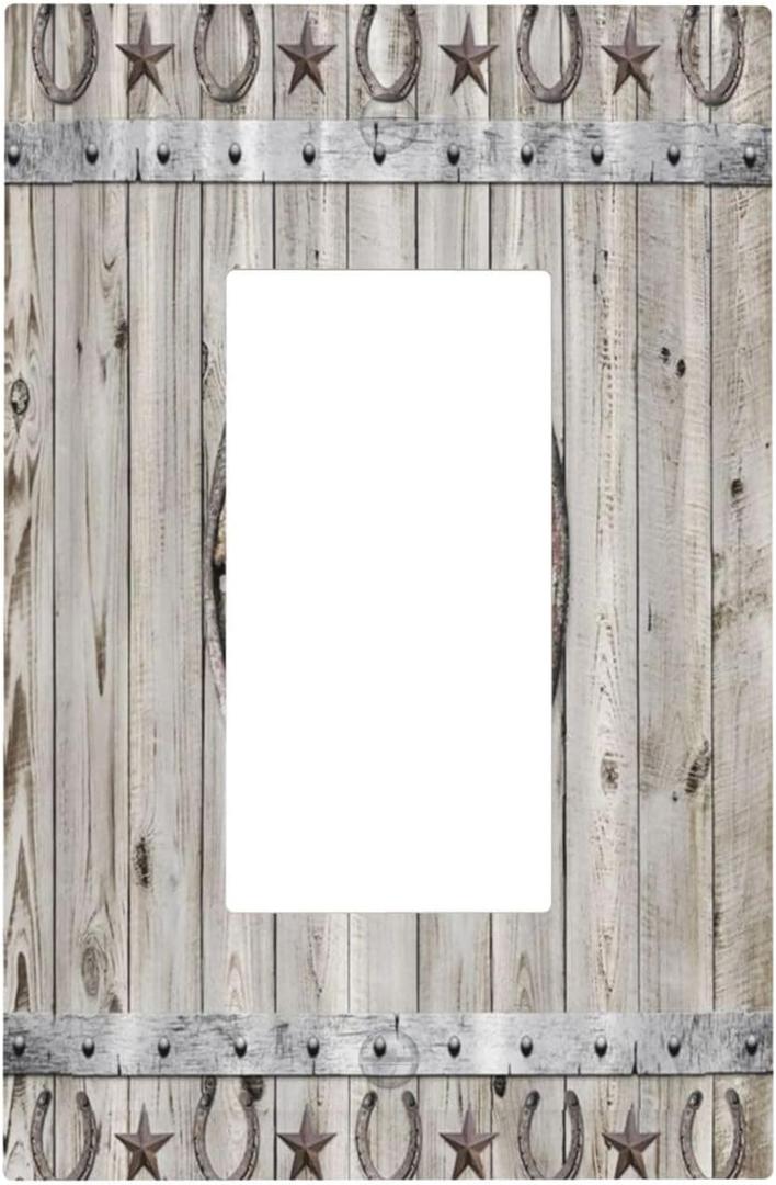 Rustic Western Wood Barn Door Horseshoe Iron Star 1 Gang Rocker Light Switch Covers Single Decora Outlet Wall Plate Decorative Switchplate Faceplate GFCI for Farmhouse Country Bedroom Decor