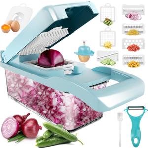 Vegetable Chopper Food Slicer, MultiFuctional Kitchen Gadgets for Onion, Veggie, Cheese Grater, Vegetables Cutter With Large Container, Easy to Clean, With Bonus Brush and Fork (Blue)