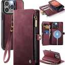 ZipFoldy Magnetic Wallet Case for iPhone 14 Pro Max Compatible with Magsafe for Women, RFID Blocking Zipper & Strap & Card Holder Detachable Cover for iPhone 14 Pro Max Case with Wallet, Burgundy