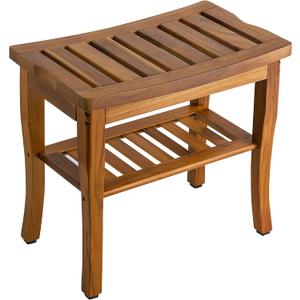 VaeFae Teak Shower Bench, Spa Bath Shower Stool with Storage Shelf, Wooden Seat Stool for Bathroom