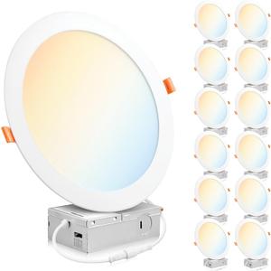 PARMIDA (12 Pack) 8 Inch Ultra-Thin LED Recessed Ceiling Light with Junction Box, 5CCT Color Selectable 2700K/3000K/3500K/4000K/5000K, 18W, Dimmable Canless Wafer Slim Panel Downlight, IC Rated, ETL