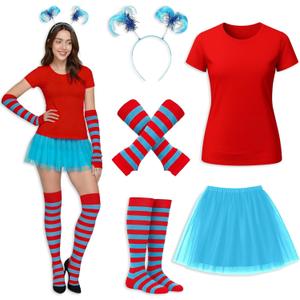 5 Pcs Tulle Tutu Costume Accessories Set Women T Shirt/Striped Socks/Tutu Skirt/Blue Headband/Stretchy Gloves (Medium)
