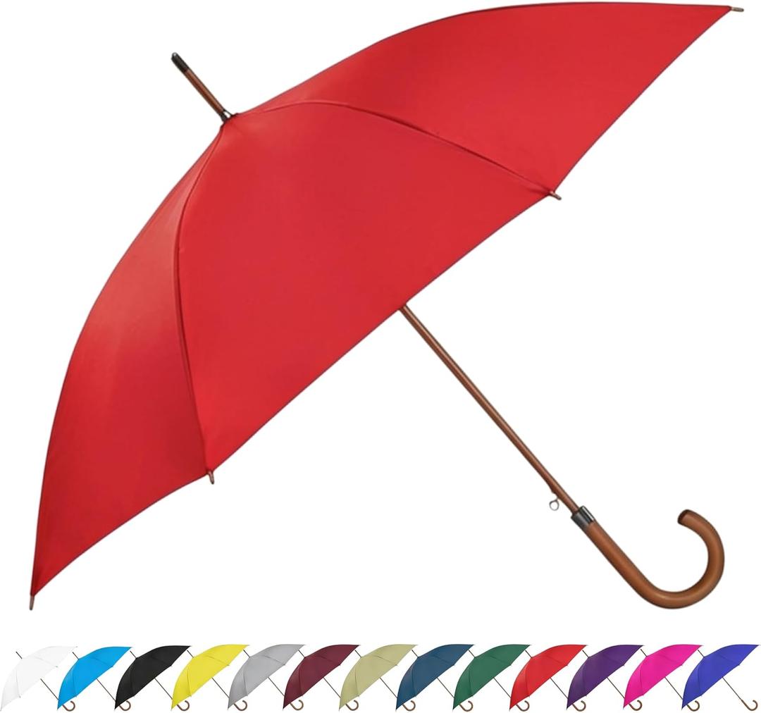 SoulRain 48" Large Umbrella Windproof Stick Umbrellas for Rain, Automatic Open, Vintage Cane Navy Blue big Umbrella with Classic Wooden Handle,Open for 2 Persons adult,for Women & Men(Red)