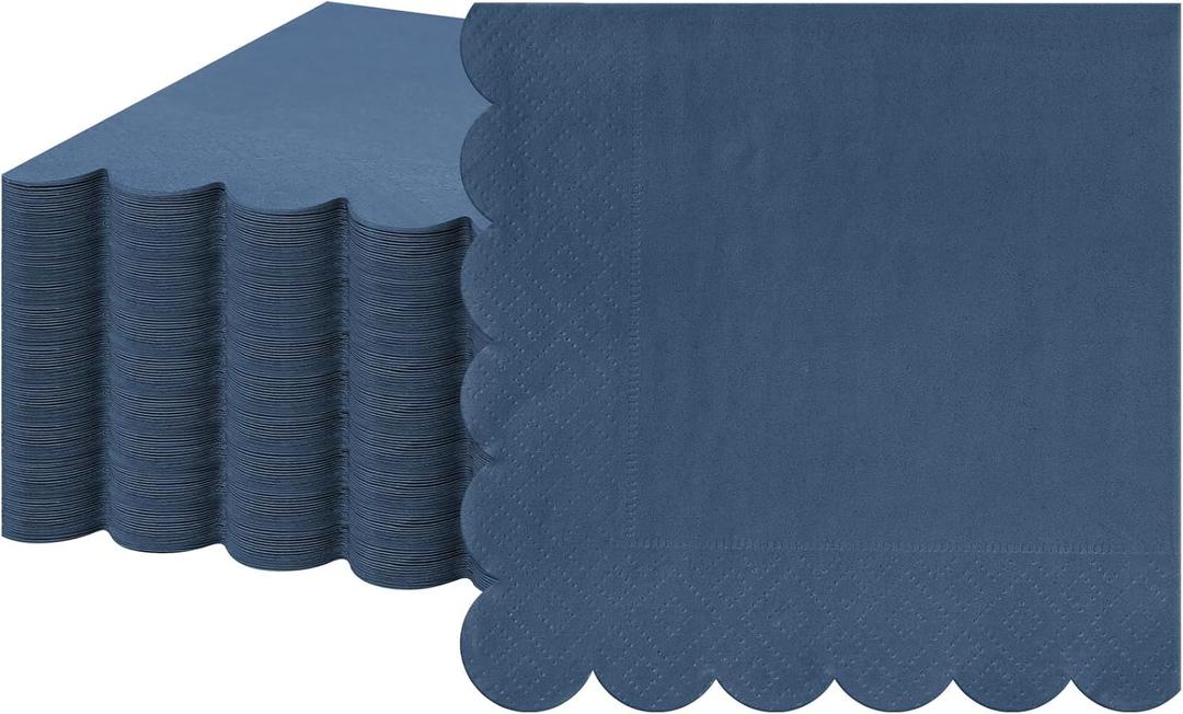 Fuutreo 100 Pcs Scalloped Cocktail Napkins Thick Paper Disposable Party Napkins Beverage Tissue for Wedding Dinner Birthday Supplies, 5 x 5 Inches(Navy Blue)