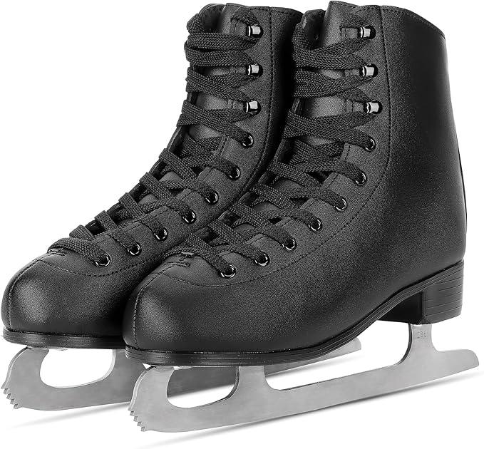 Figure Ice Skates for Beginners - White Comfortable Leather Ice Skates for Women, Men, Boys & Girls (Size Up 1 Size 9)