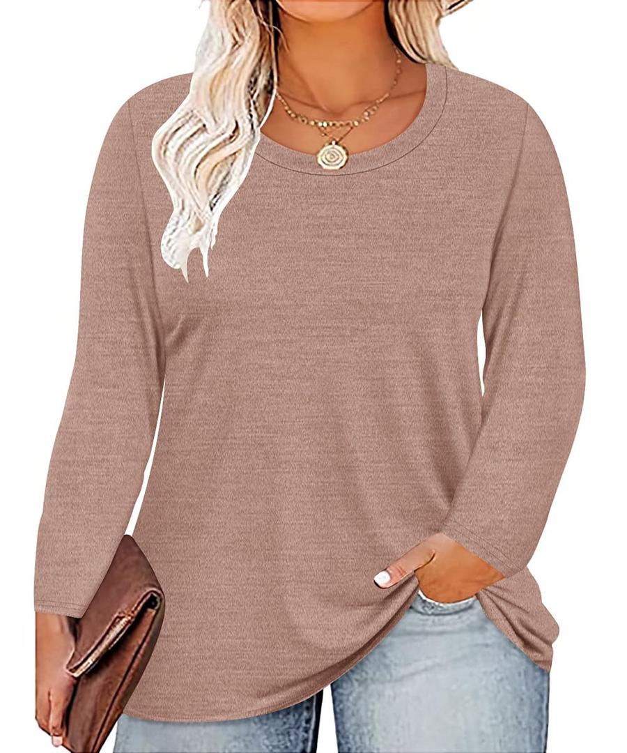 RITERA Plus Size Tops for Women Long Sleeve Basic Tshirts Womens Casual Oversized Crewneck Tunic Tops Solid Color Khaki Shirts Winter Fall Blouse 5XL 26W 28W (Beige, XXXL)