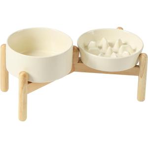 Havniva 6.1 Raised Slow Feeder Dog Bowls Set, 0.9 Cups Ceramic Slow Feeder Dog Bowl and 6.1 Dog Water Bowl with Elevated Wooden Stand Puzzle Dog Food Bowl for Small Dogs Anti-Gulping & Anti-Choking (2 x Light Yellow+Stand-C)