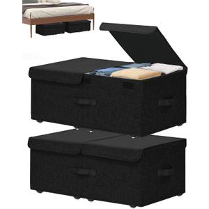 Under Bed Storage Container with Wheels, 2 Pack 10" High Deep Underbed Rolling Box Storage Bins Drawers with Lids for Bedroom, Dorms, Clothes, Shoes, Blankets, No Assemble Required, Black (10 inch Height)