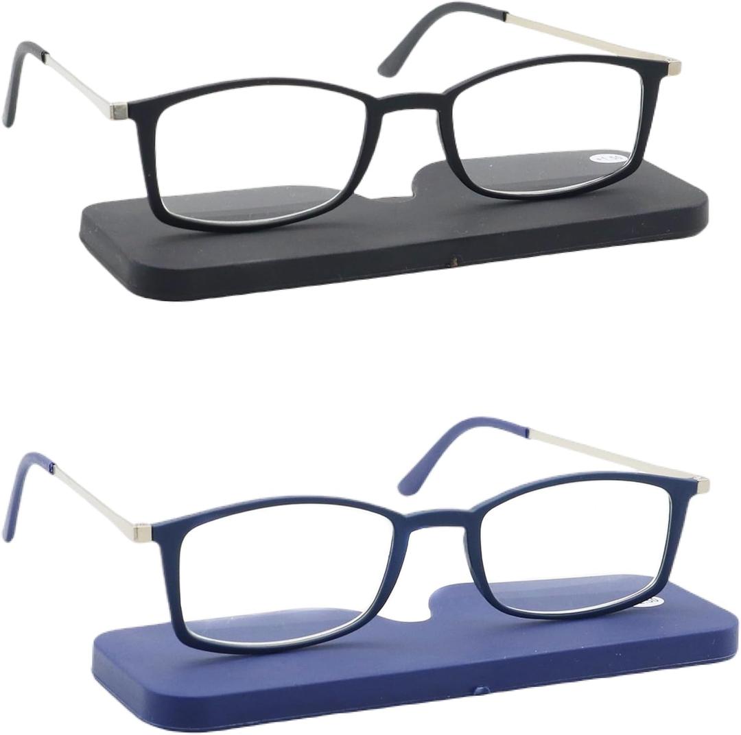Lightweight thin Square Reading Glasses Slim Mini Pocket Readers for Women Men with Portable Case (2 Packs(black,blue))