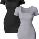 OQQ Women's 2 Piece Mini Dresses Sexy Ribbed Short Sleeve Square Neck Bodycon Mini Dress Black Grey, Small