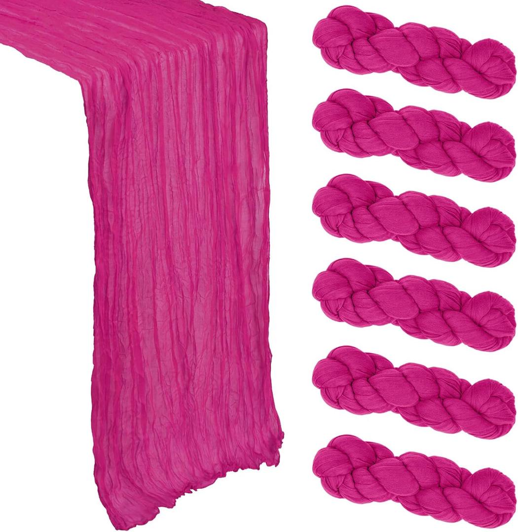 6 Pack Hot Pink Cheesecloth Table Runner 10Ft Gauze Cheese Cloth Table Runner 35x120 Inch Boho Sheer Rustic Fabric for Party Decor Baby Shower Wedding Centerpiece Home Table Decorations