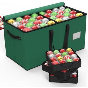 Christmas Ornament Storage Box With 8 Trays - Stores Up to 128 Holiday Ornaments, Christmas Storage Container with Side Pocket, Adjustable Dividers, Card Slot, Tear-Proof Fabric - Green