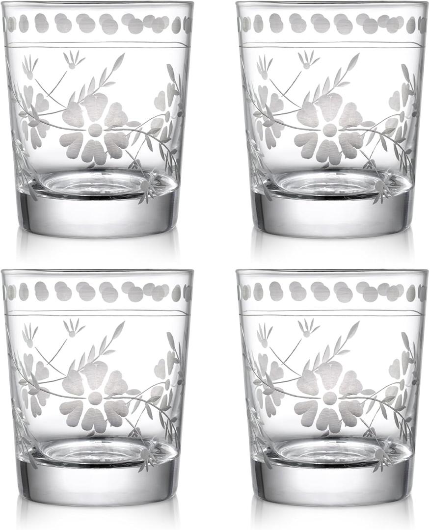 Joeyan Hand Blown Etched Drinking Glasses, Clear Water Glass Cups with Floral Pattern, Aesthetic Tumblers Glassware Set for Beverages Juice Cocktail Whiskey, 9 oz, Set of 4, Dishwasher Safe