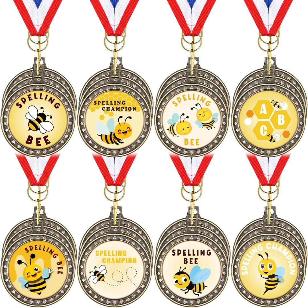 Riceshoot 24 Pcs Spelling Bee Award Medals with Neck Ribbon 2 Inch Spelling Bee Honeycomb Medal Trophy Medal Awards Prizes Winner Medals for School Students Teaching Competitions