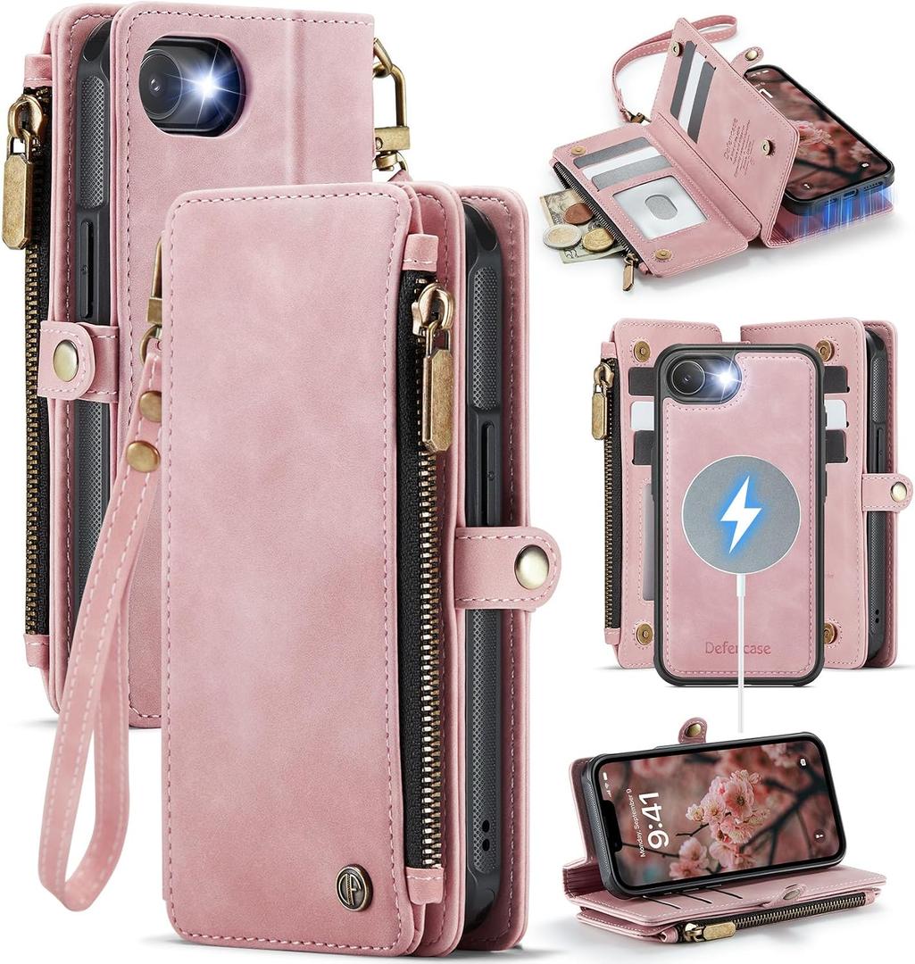 Defencase for iPhone 17e/16e Case Wallet Compatible with Magsafe, Rose Pink | Drop-Proof Magnetic Detachable Phone Cases Cover, with RFID Bolcking Card Holder, Zipper Strap, PU Leather, Removable Wallet