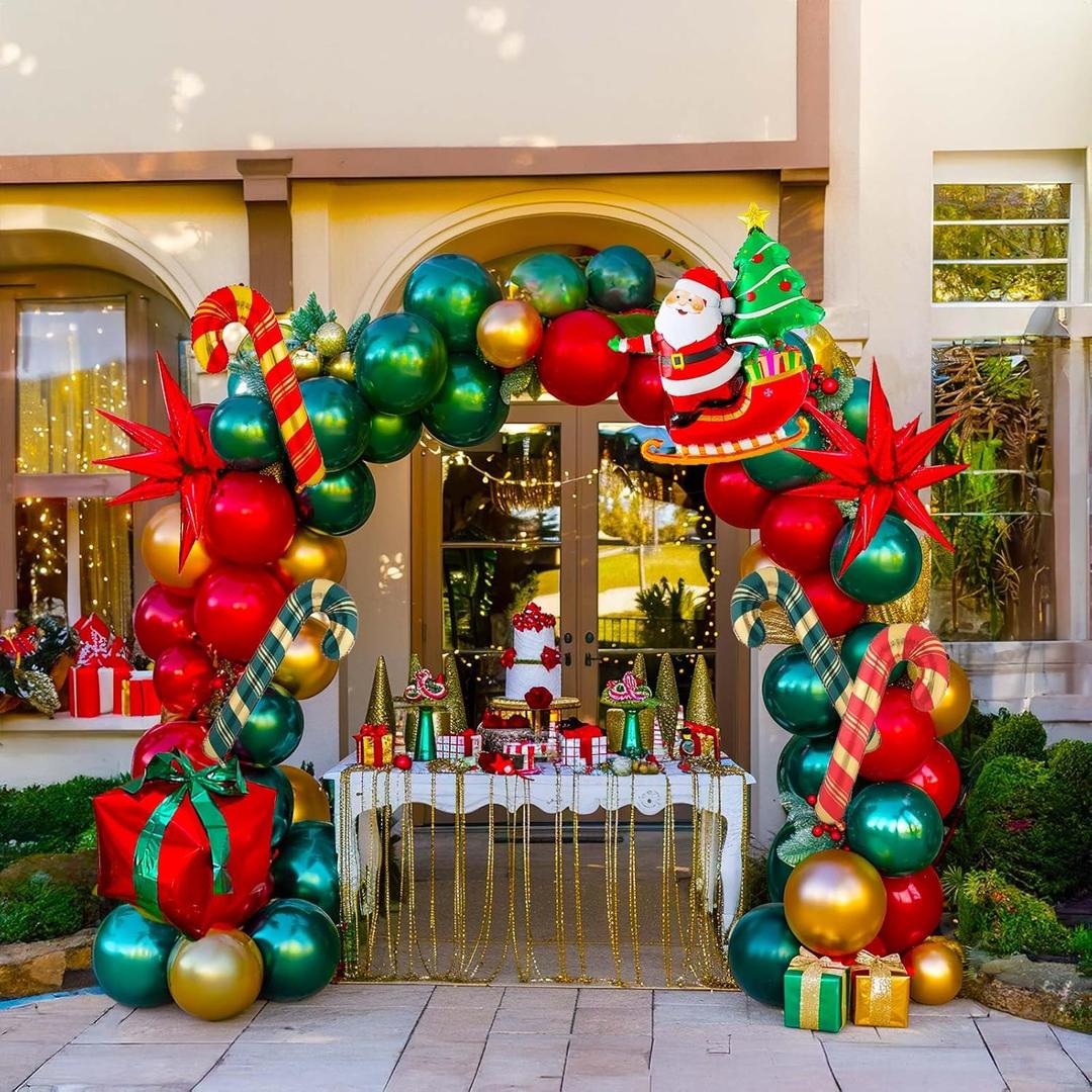 Christmas party Decorations with Emerald Green Red and Gold balloon arch & Santa Candy Cane Star 4D Square gift ribbon foil balloons for Winter Christmas new years eve party Decorations