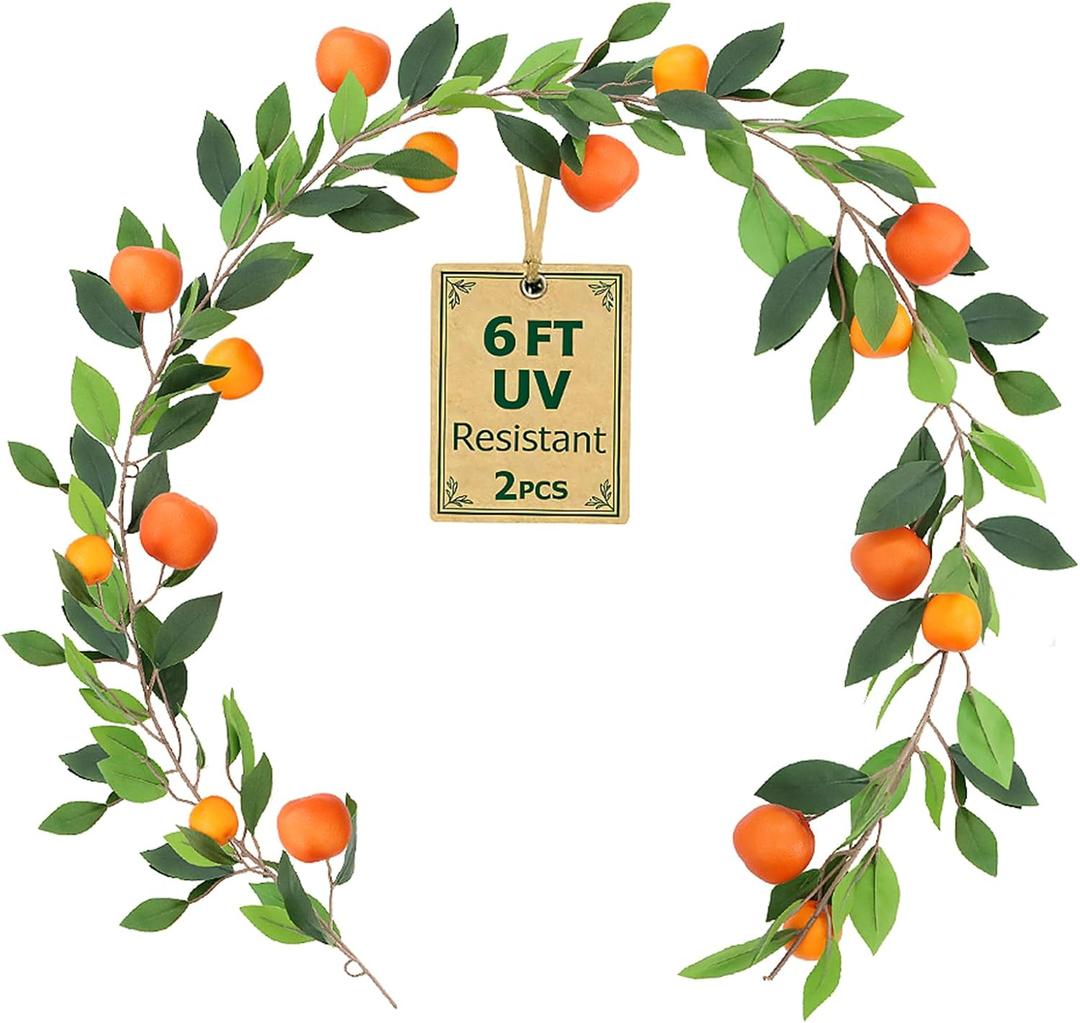 6FT Artificial Oranges Garland with Greenery - Faux Oranges Vine, Realistic Fruit Garland for Home, Garden, Wedding, Party & Christmas Decor | Vibrant Fake Orange Wreath for Hanging Decoration