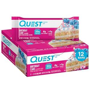 Quest Nutrition Birthday Cake Protein Bars, 20g Protein, 1g Sugar, 4g Net Carbs, Gluten Free, Keto Friendly, 12 Count, BBD: 10/15/2026