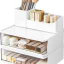DASITON Makeup Organizer for Vanity with 2 Drawers, Stackable Cosmetic Organizer with Makeup Brush Holder, Plastic Bathroom Organizer Skincare Storage for Brushes, Eyeshadow, Lotions, Lipstick (White)