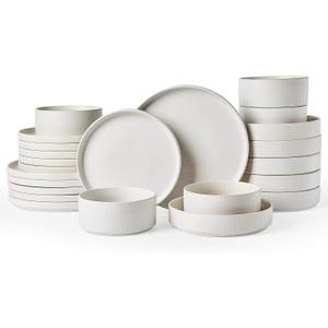 Famiware Star Stoneware Dinnerware Sets with Pasta Bowls, 24pc Dishes for 6 | Ceramic Plates and Double Bowls. Chip & Scratch Resistant. Microwave & Dishwasher Safe, Everyday & Formal Dining, Matte White