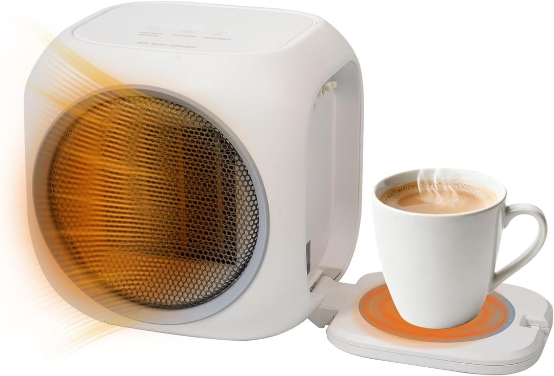 Space Heater with Mug Warmer, Electric Space Heaters for Indoor Use with Thermostatc, Candle Warmer Pate for Bedroom, Office, Large Room Use (White)