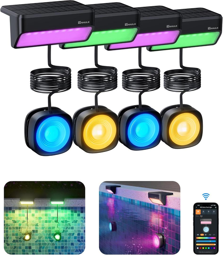 Enhulk Solar Pool Lights with RGBW APP Control,IP68 Waterproof Smart Solar Power Pool Lights for Above Ground Pool,Led Pool Lights for Inground Pool, Pond, Patio
