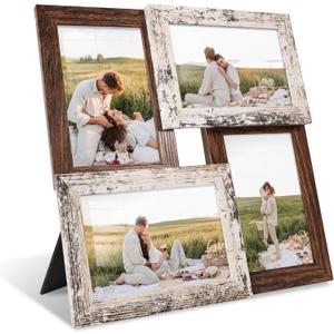 YESKAY 4x6 Collage Picture Frames, Multi Family Photo Frame with Real Glass, Displays Four 4x6 Photo, Wall Decor Wall Hanging or Tabletop, Distressed White+Rustic Brown
