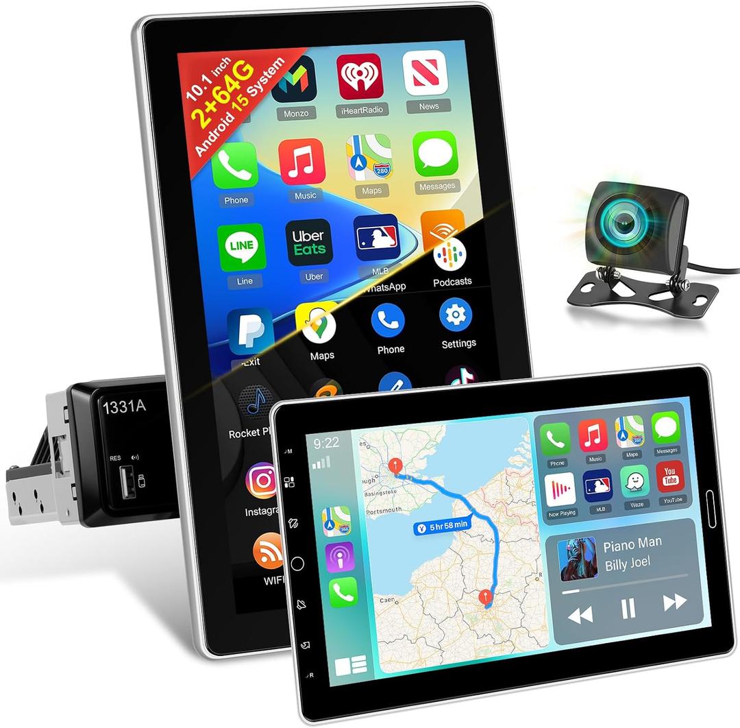 [2+64G] Android Single Din Manual Rotate Car Radio: NHOPEEW10.1 inch 1280*720 Adjustable Touchscreen Stereo - Wireless Carplay & Android Auto, 5G/WiFi, GPS, Mirror Link, Split Screen + Backup Camera