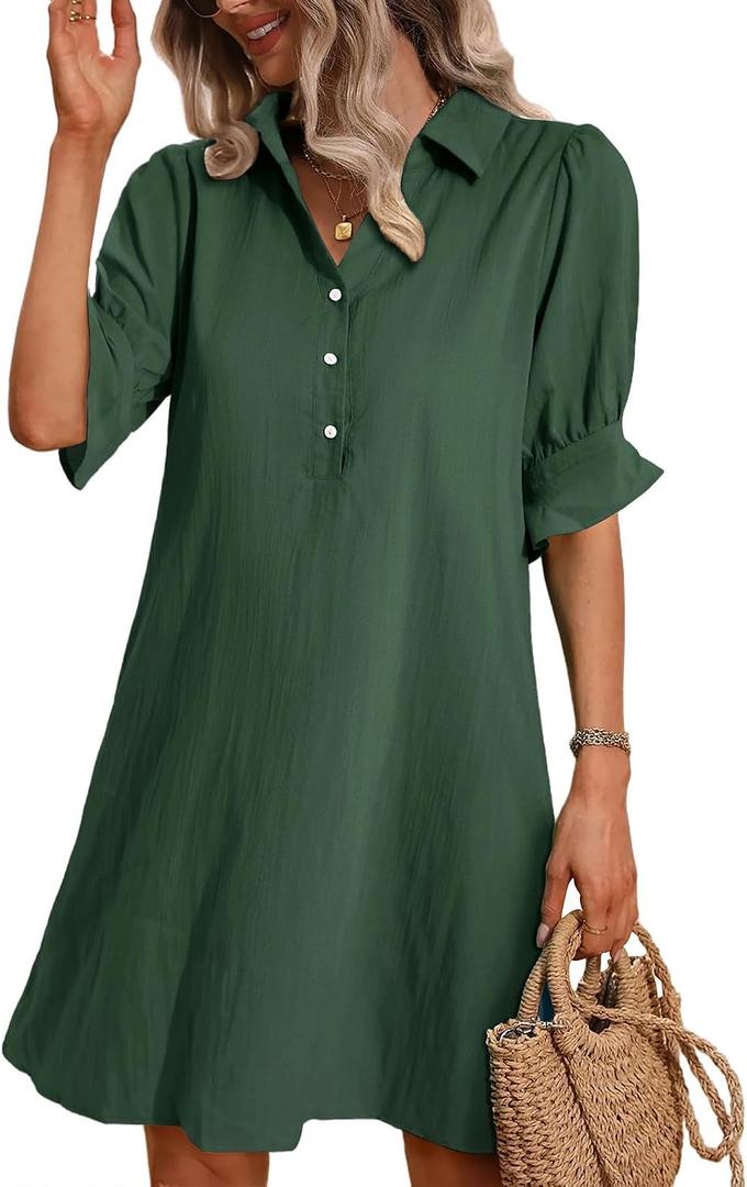 FENSACE Womens Casual Shirt Dress Ruffle Sleeve Button Down Shift Summer Dresses with Pockets (XL)
