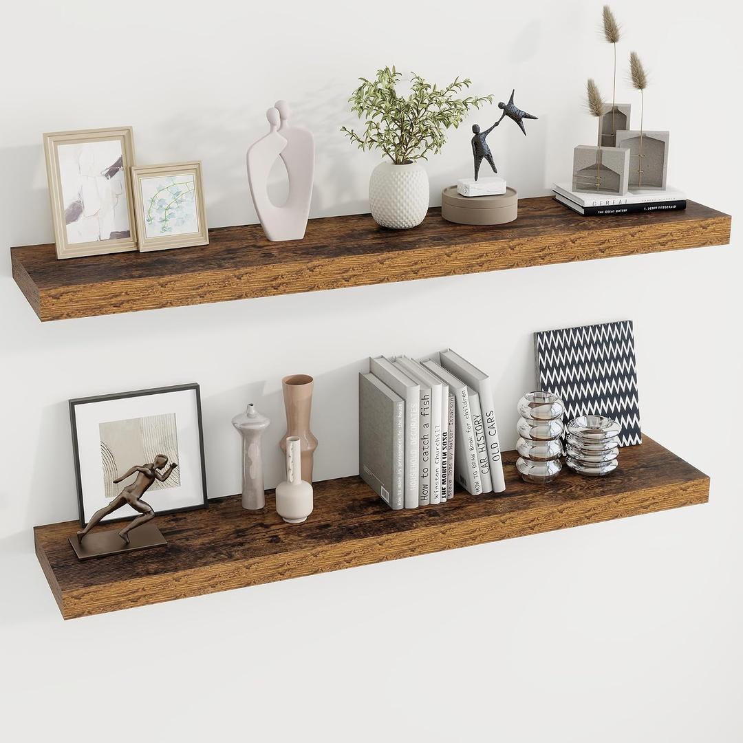 Dreamland 48 Inches Floating Shelves for Wall, 9.3 Inch Deep Floating Shelves Set of 2, Large Display & Storage Shelf, Wall Shelf for Bathroom Bedroom Living Room Kitchen Office,Rustic Brown