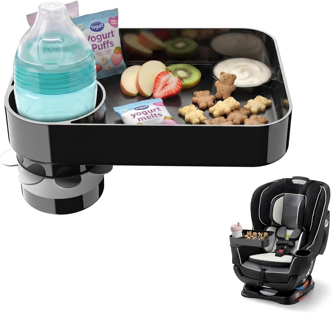 Car Seat Snack Tray for Toddlers, Square Mess-Free Car Seat Tray with Cup Holder & Dip Compartment, Travel Tray for Kids Snacks, Drinks, Fits Most Car Safety Seats (1, Black)