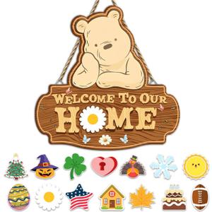 Winnie Welcome Sign for Door Decor, the Pooh Welcome to Our Home Sign with Interchangeable Holiday Sign, Christmas Party Decor Supplies, Perfect for Housewarming Gift, Christmas Thanksgiving Gifts