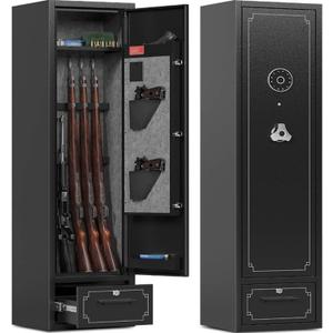 Gun Cabinet 5-6 Gun Safe for Rifles and Pistols with Removable Shelf & Drawer Fully Assembled Rifle Safe with Pistol Bags and Stock Rifle Safe for Home Security, Fits Shotguns & Rifles