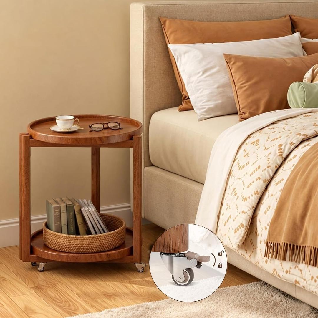 Rolling Side Table with Wheels, Small Solid Wood Round End Table, 17.7 inch