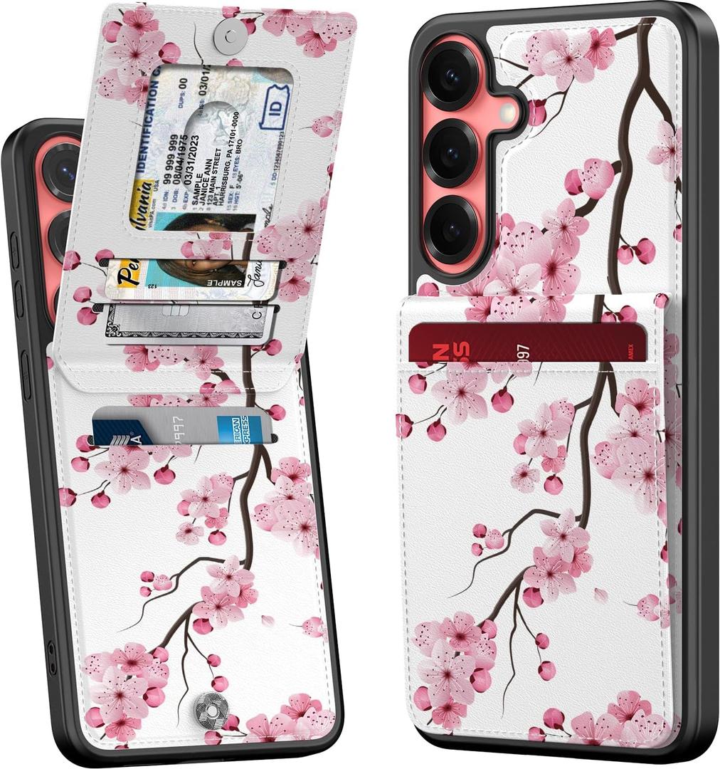 Bemal for Samsung Galaxy S24 Wallet Case with Card Holder, Fashion Printed, RFID Blocking, PU Leather Kickstand, Magnetic Closure, Shockproof Phone Cover for Women Men, Elegant Cherry