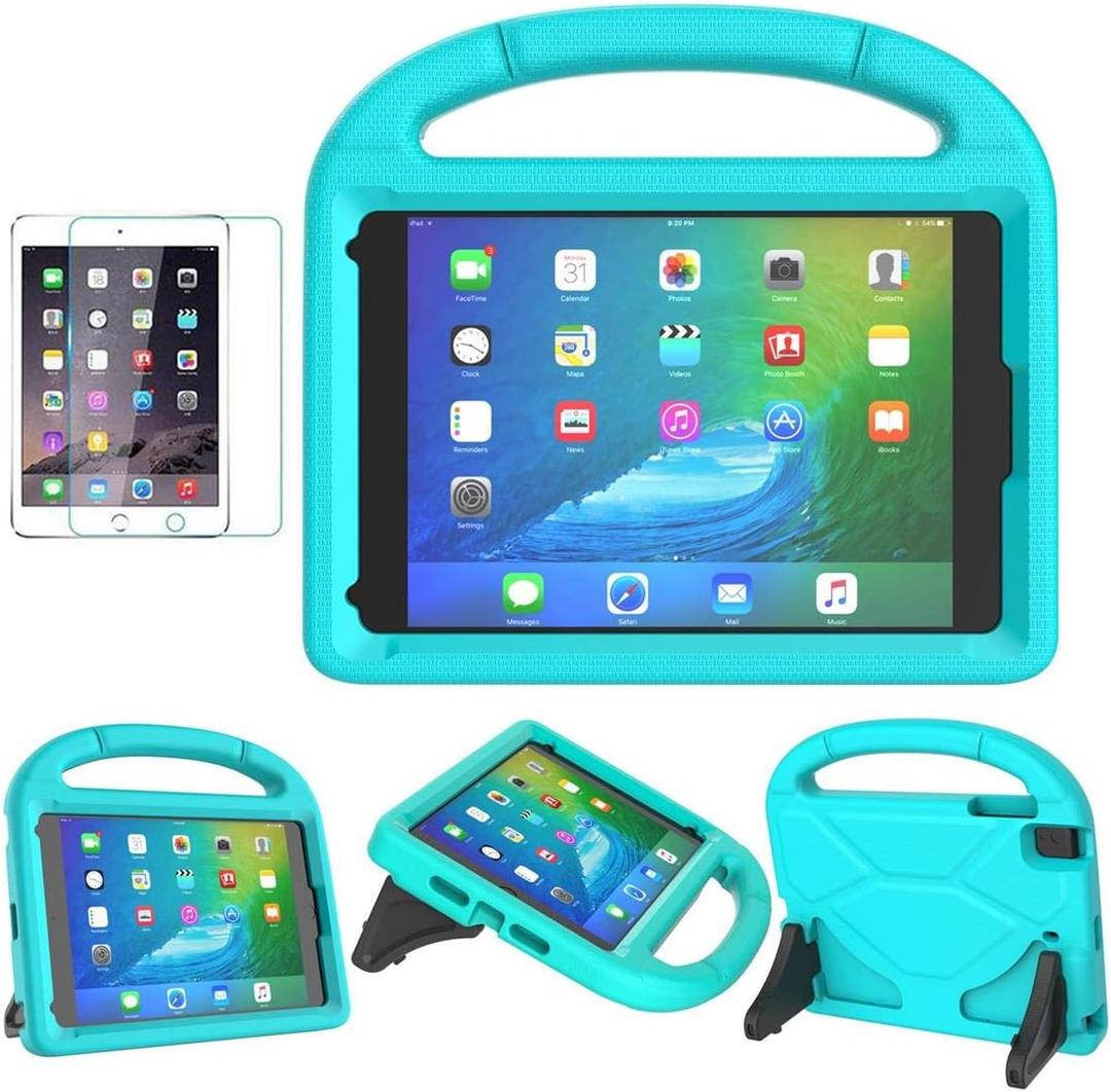 SUPLIK Kids Case for iPad Mini 5/4/3/2/1 (7.9"), Durable Shockproof Protective Handle Bumper Stand Cover with 2*Screen Protectors for 7.9 inch Apple iPad Mini 5th/4th/3rd/2nd/1st Generation, Cyan
