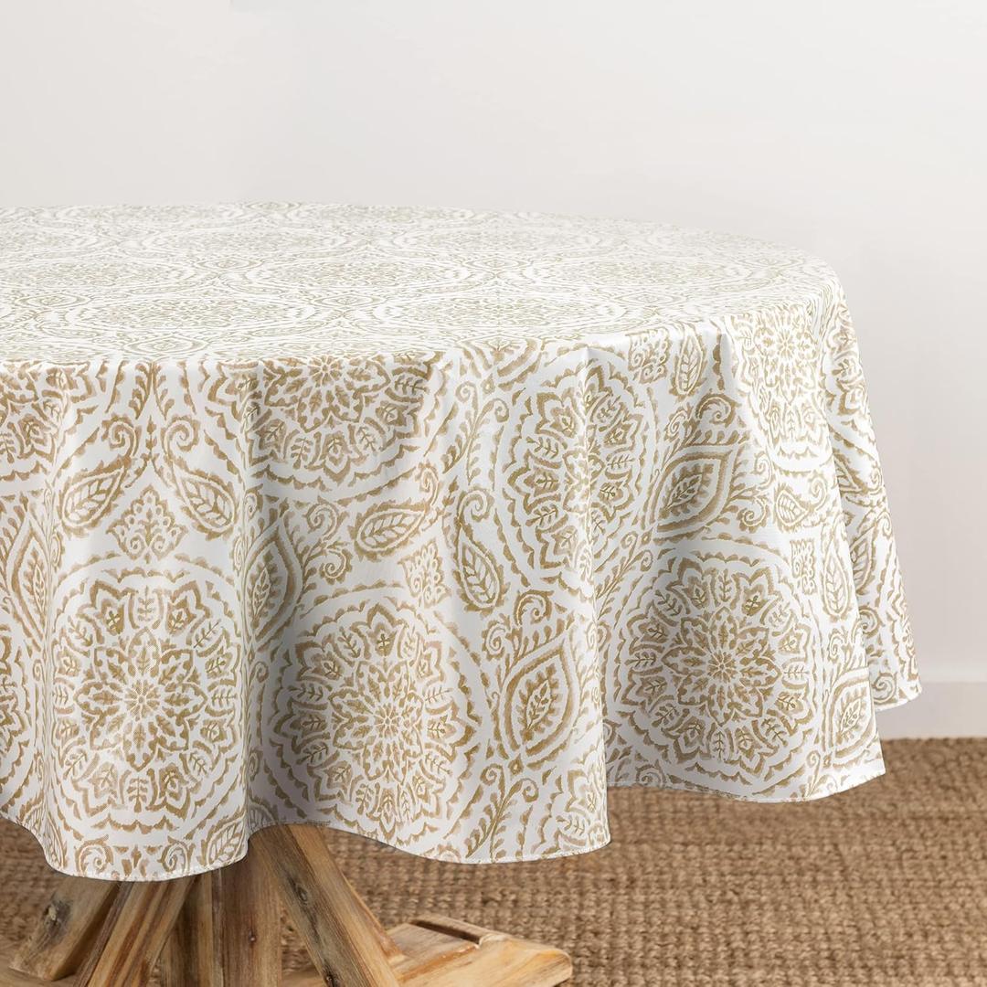 Elrene Home Fashions Savannah Boho Paisley Water- and Stain-Resistant Vinyl Tablecloth with Flannel Backing, 70 Inches X 70 Inches, Round, Taupe