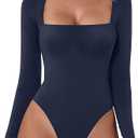 QINSEN Women's Sexy Square Neck Bodysuit Long Sleeve Double Lined Shirt Tops S