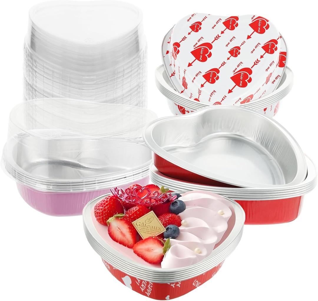 24 Sets Valentine's Day Large Heart Shaped Cake Pans with Lids, 255ml/9oz Disposable Heart Cake Pan Cupcake Baking Cups Liners Tins Ramekins Containers for Valentine's Day Food Wedding Birthday Party