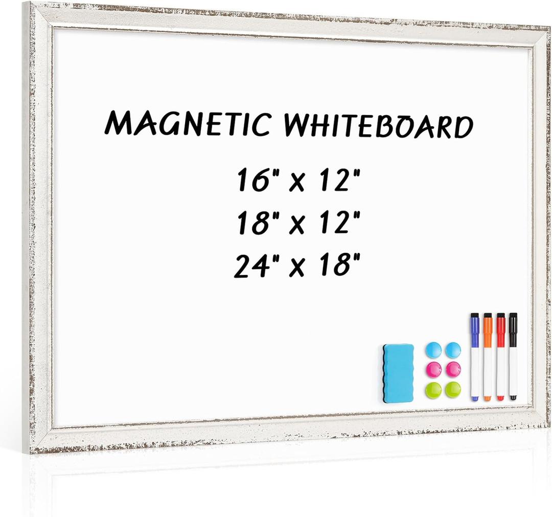 White Board for Wall, 24" x 18" Magnetic Dry Erase Board, Vintage Wooden Frame Decorative Whiteboard, Wall Mounted, White-Washed, Aesthetic Writing Board for Home, Office, School